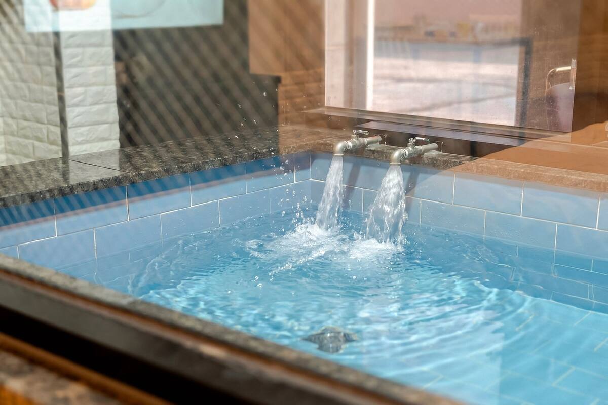 A hot tub with water jets, tiled walls, and a window in the background.