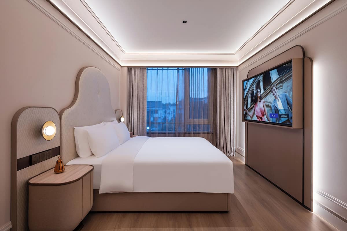 A modern hotel room with a large bed, a television, and a view of the city.