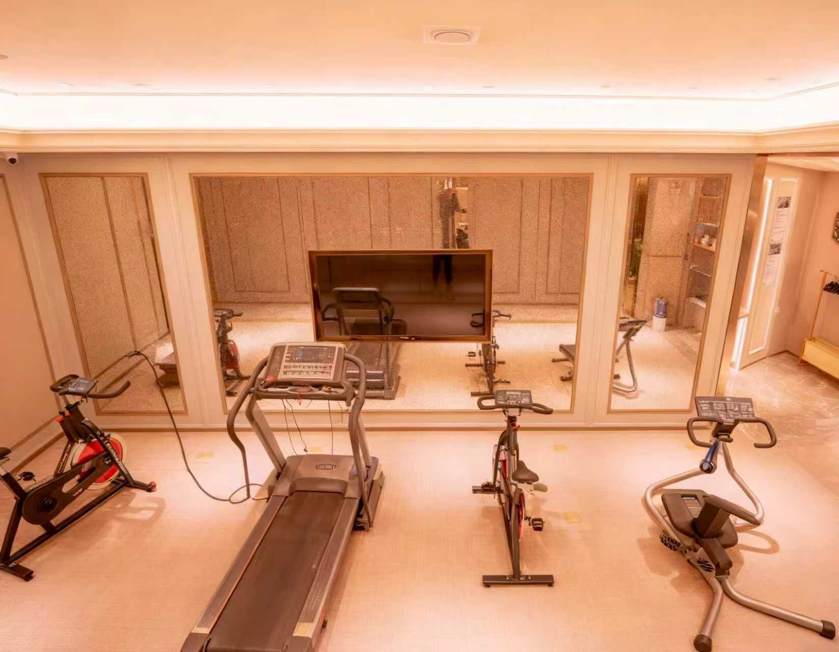 A gym with treadmills, stationary bikes, and a mirrored wall.