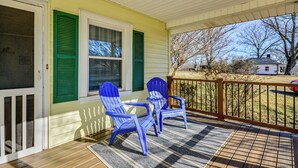 A porch with two blue Adirondack chairs, a white door, and a window with green shutters. - 'the Vineyard House' - 2 Mi to Dtwn Mount Airy! (Mount Airy)