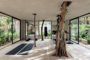 A modern interior with large glass doors, a central tree, black mats, and a punching bag. - Casa De Oro Jungle Villa Minutes from beach (Tulum)