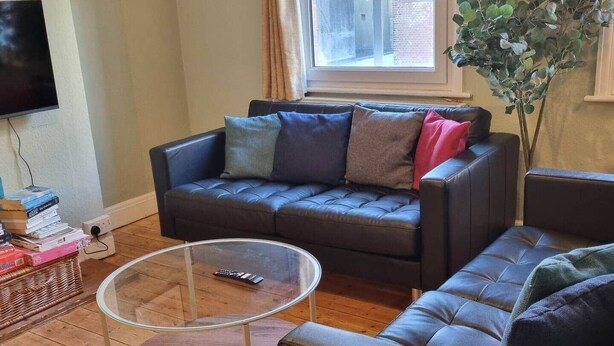 Ein Wohnzimmer mit einem dunkelblauen Sofa, einem Glastisch und einem Blumentopf.