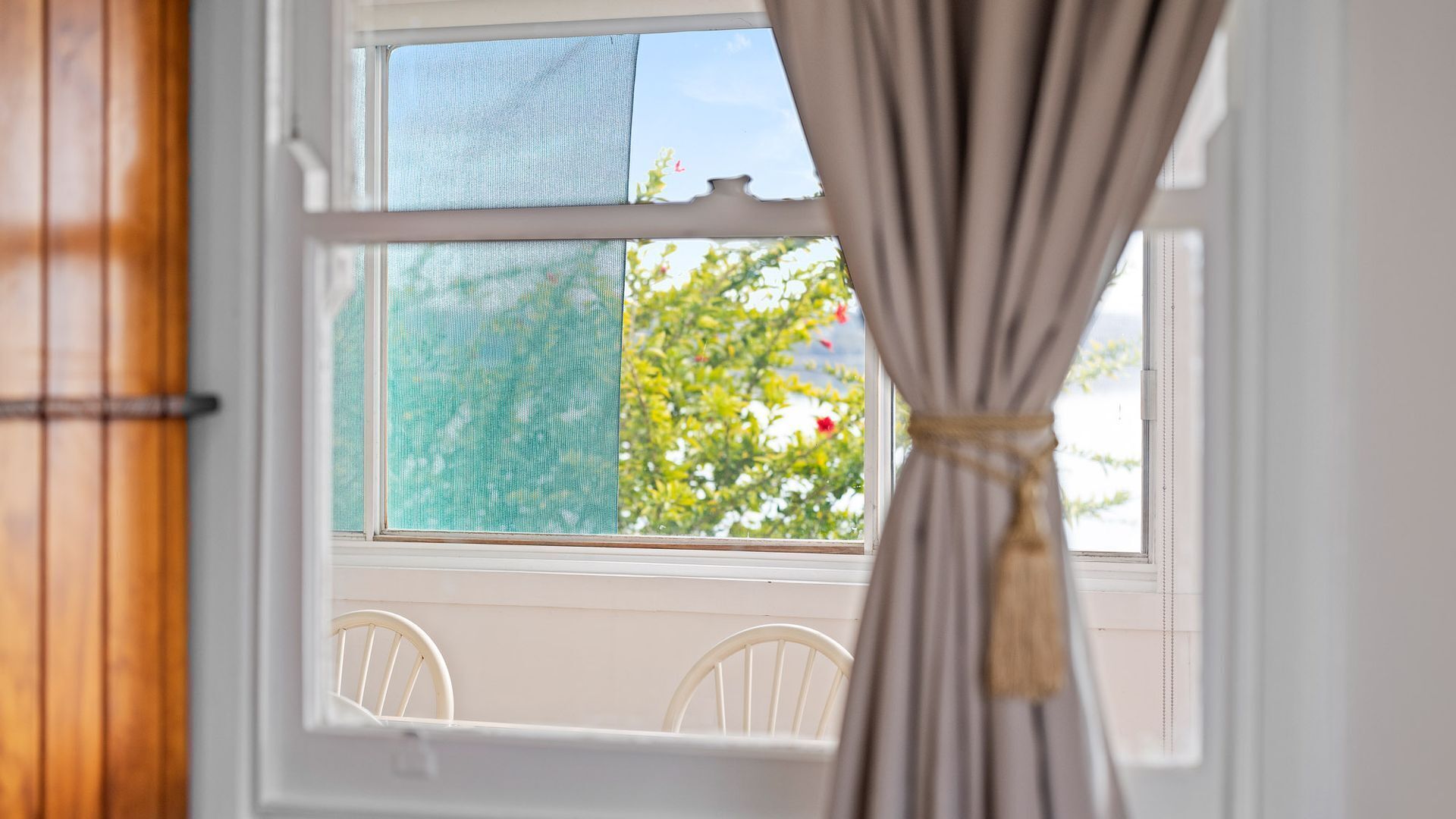 A window with a view of a tree and a chair inside a room.