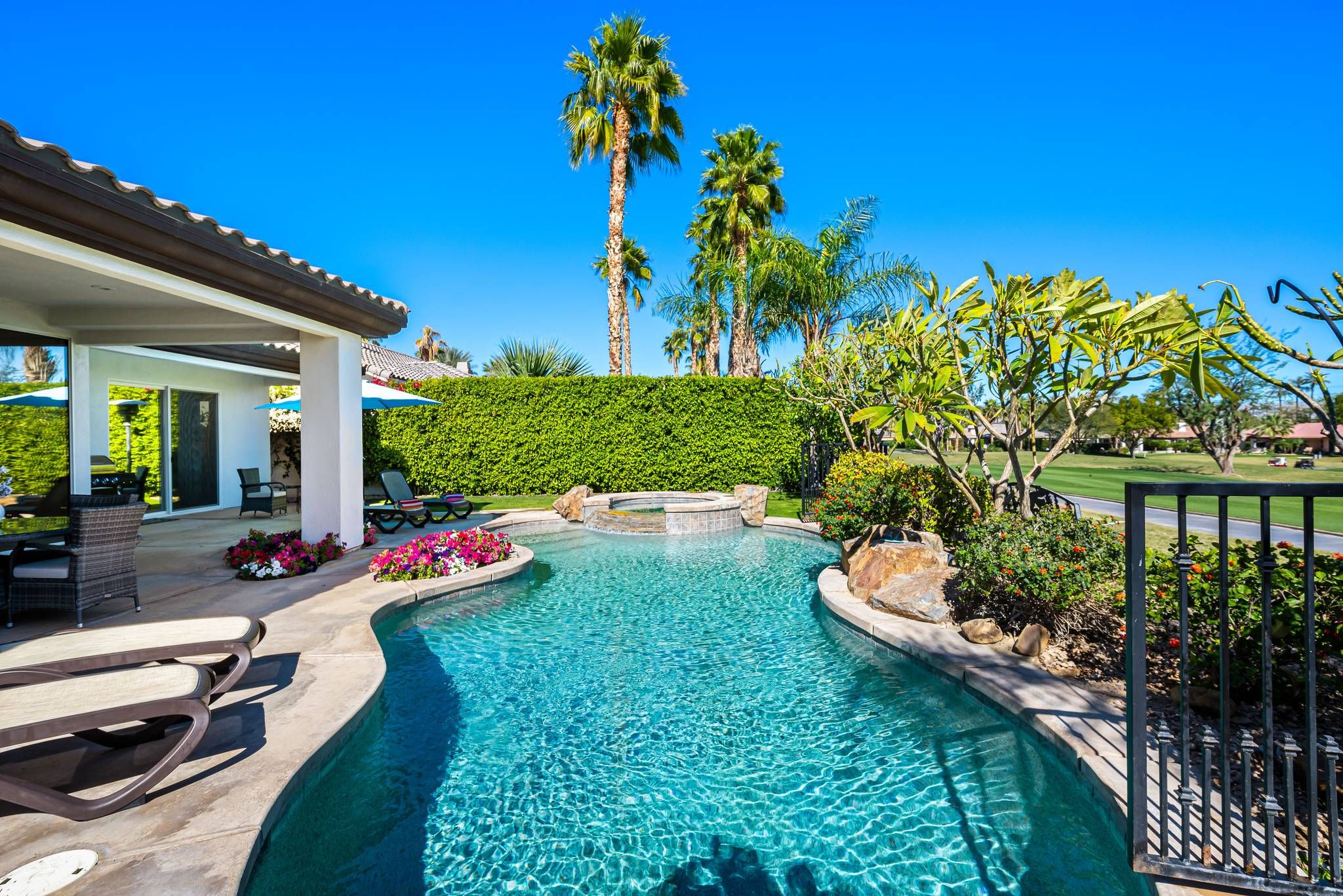 A swimming pool with a curved design, surrounded by a landscaped garden with various plants and flowers.
