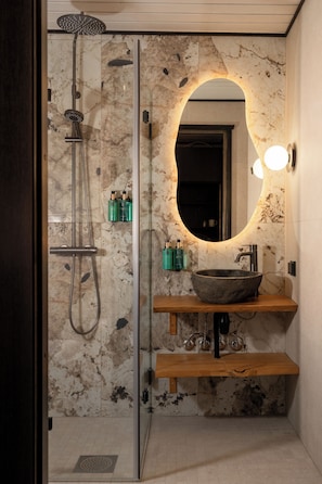 Habitación con 1 cama doble o 2 individuales | Baño | Ducha, secador de pelo, toallas y jabón