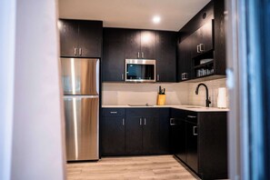 A modern kitchen with dark cabinetry, stainless steel appliances, and a white countertop. - Roami at The Fitz (St. Paul)