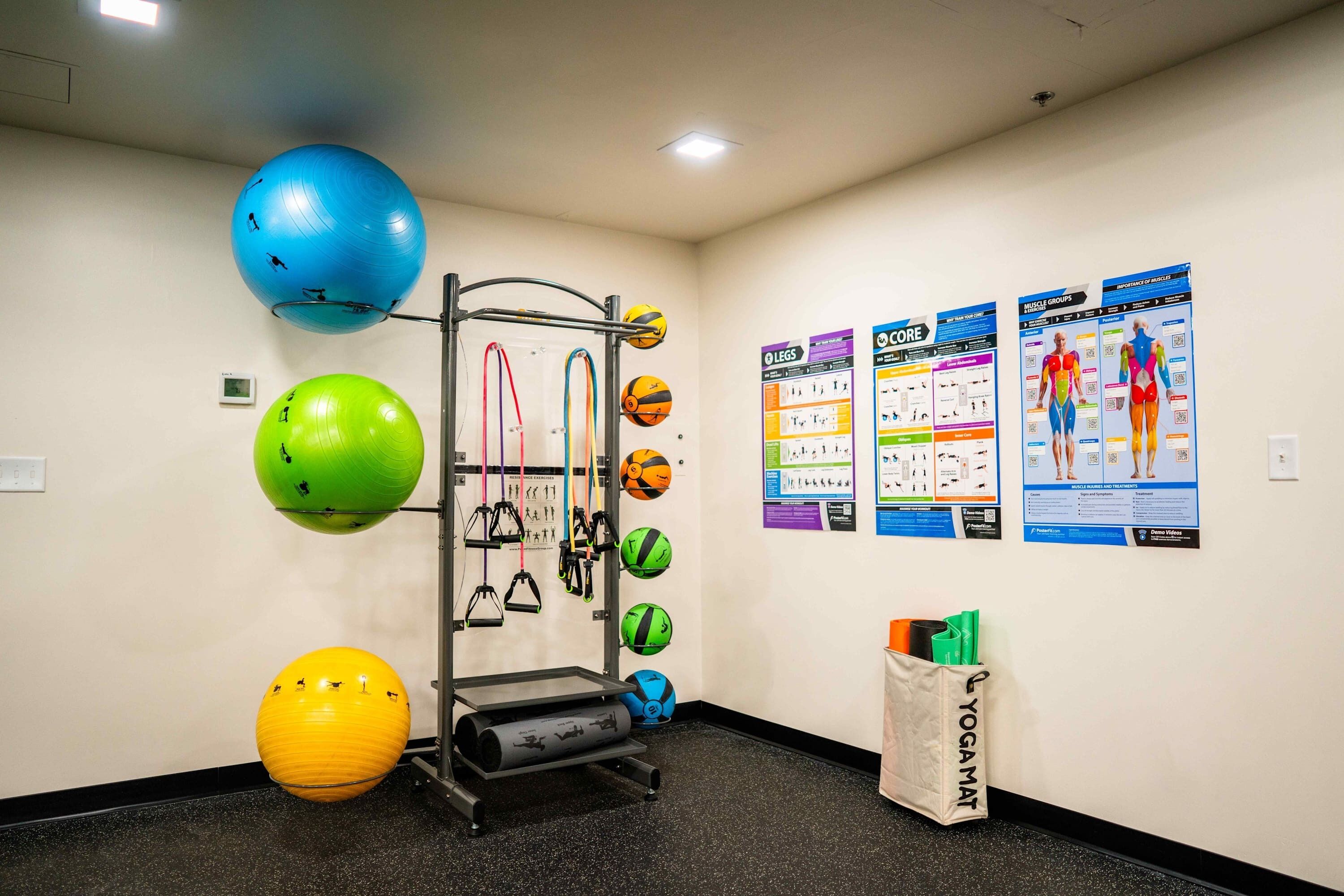 A fitness room with exercise balls, resistance bands, and instructional posters on the walls.