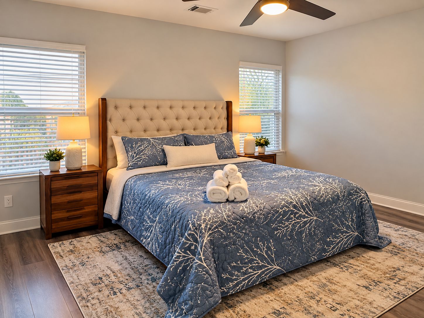 A bedroom with a tufted headboard, a blue patterned bedspread, two bedside lamps, and a pair of rolled towels on the bed.
