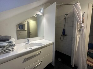 Douche, serviettes fournies, savon, papier toilette