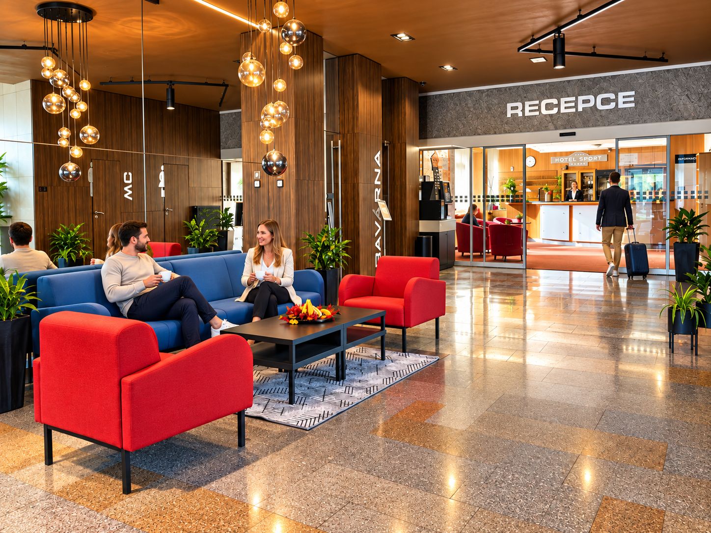 A hotel lobby with a reception desk, seating area, and a 'RECEPCE' sign.