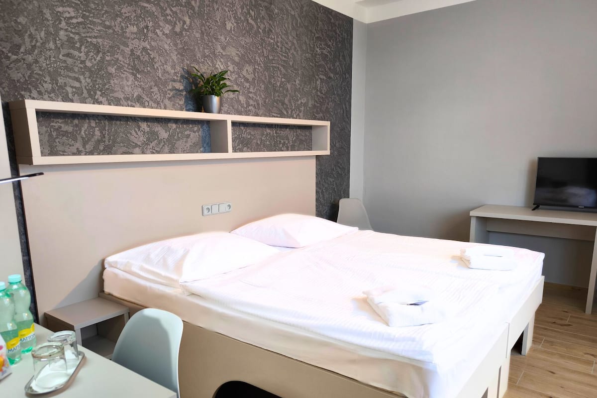 Habitación de hotel con cama, escritorio con silla, televisor, estante con planta y pared con textura.