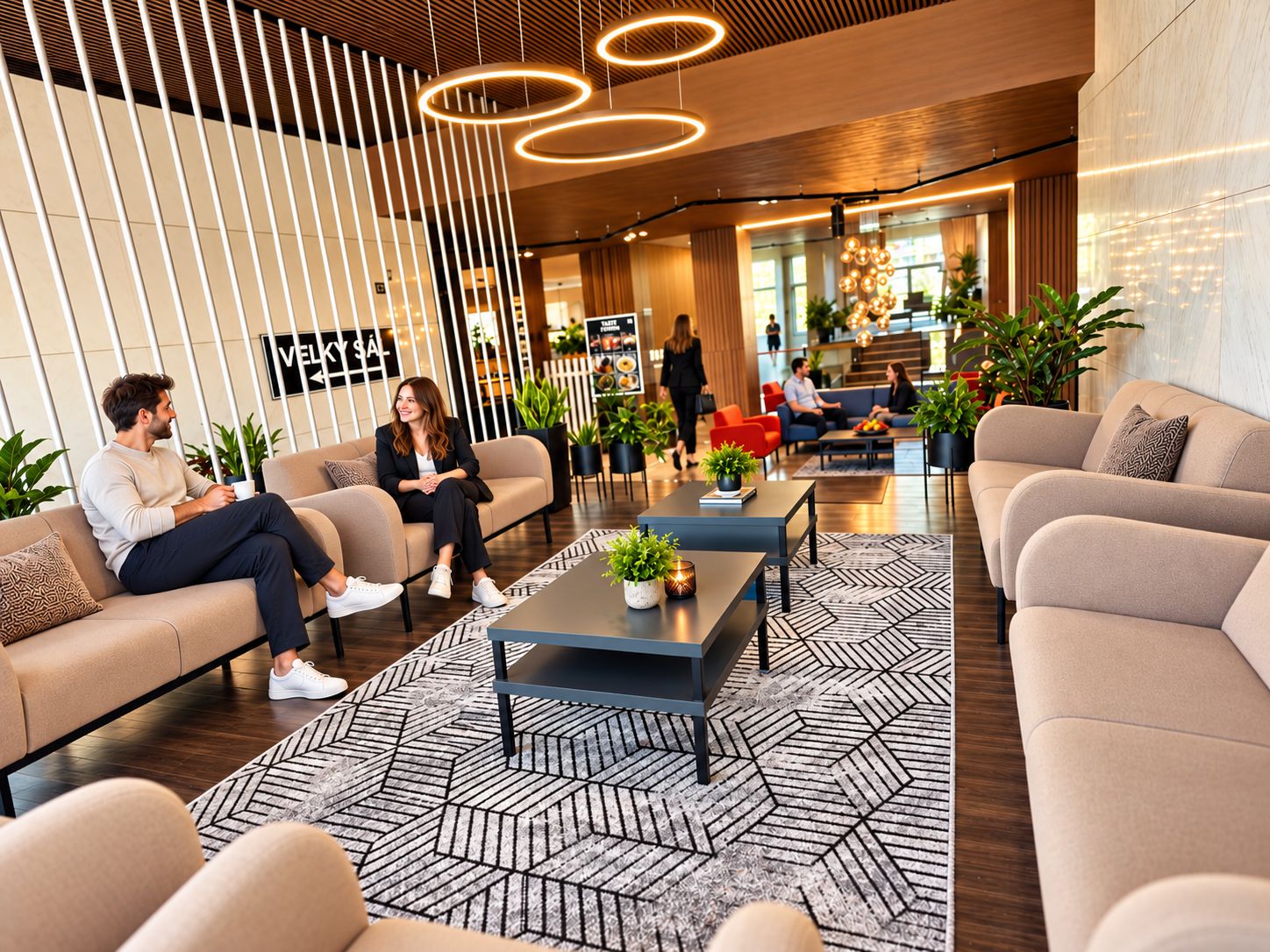 Un hall d’entrée moderne avec des canapés, une table basse et un espace d’accueil.