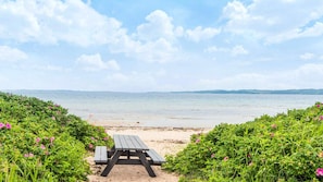 Ein Strand mit einem Holztisch inmitten üppiger Vegetation und rosa Blüten.
