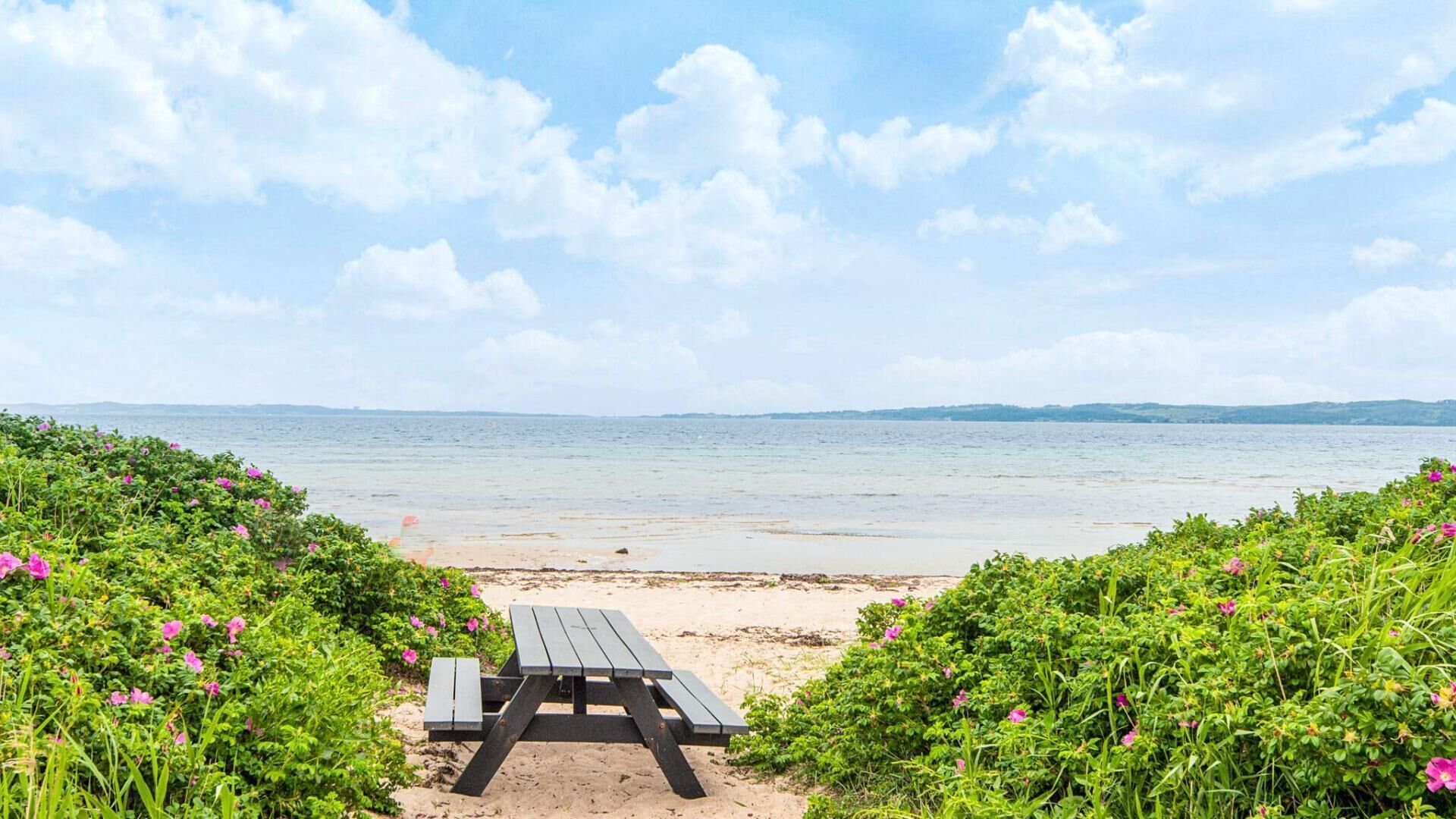 Una playa con una mesa de picnic de madera en el centro, rodeada de vegetación verde y flores rosadas.