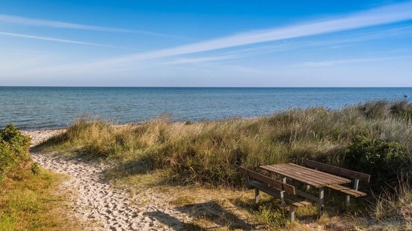 A sandy beach with a wooden bench and a clear view of the sea.