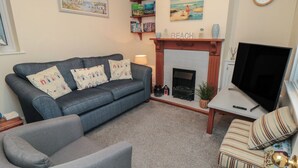A cozy living room with a grey sofa, a small armchair, a fireplace, a television, and a bookshelf with books and decorative items. - Seabreeze (Filey)