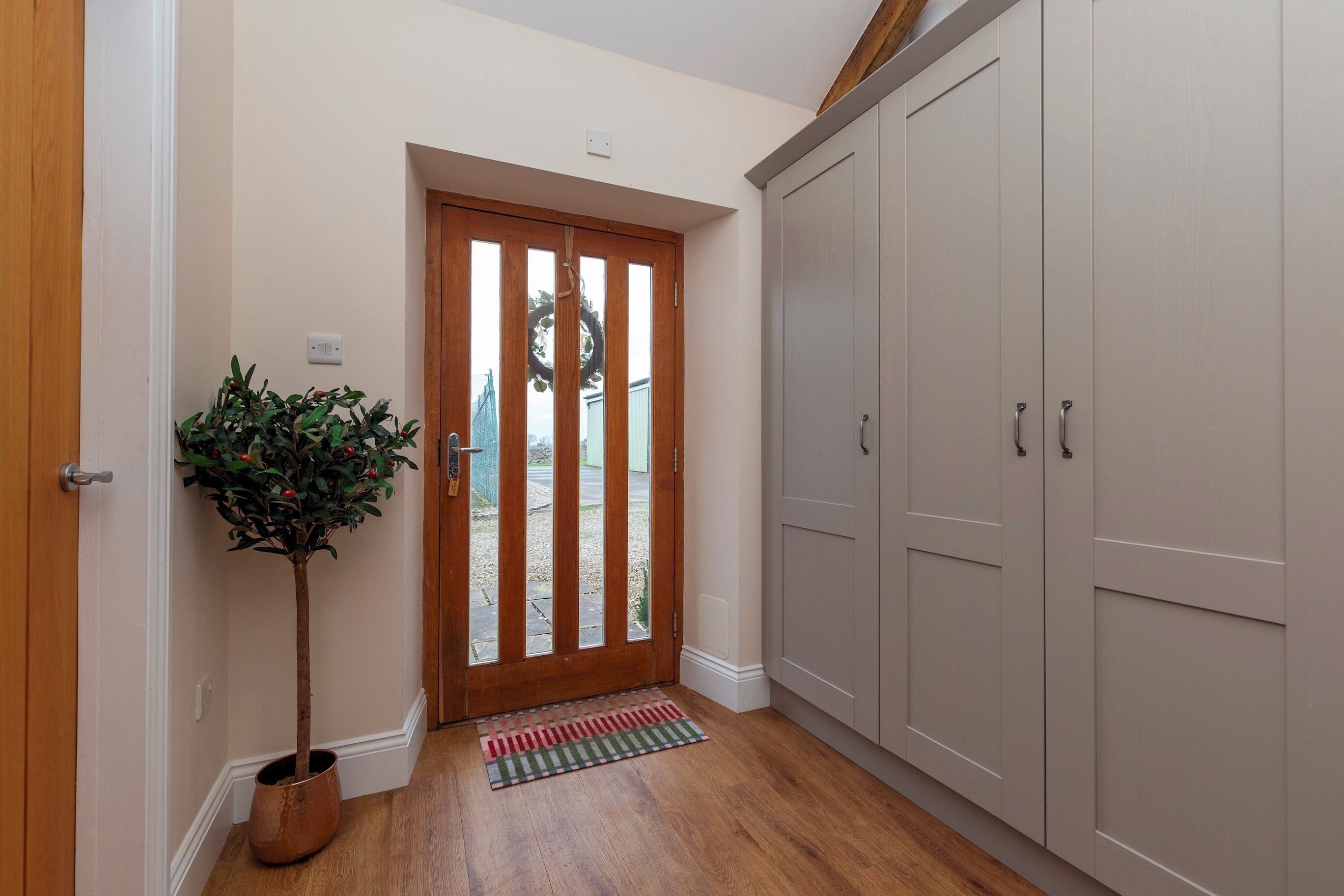 Un couloir avec une porte en bois, une plante en pot et une armoire grise.