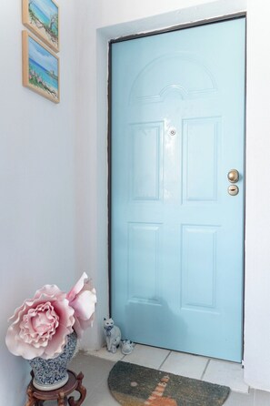 A light blue door with a brass doorknob, a small decorative vase with pink flowers, and a ceramic cat figurine on the floor. - Lofts in Mallorca Center (Alghero)