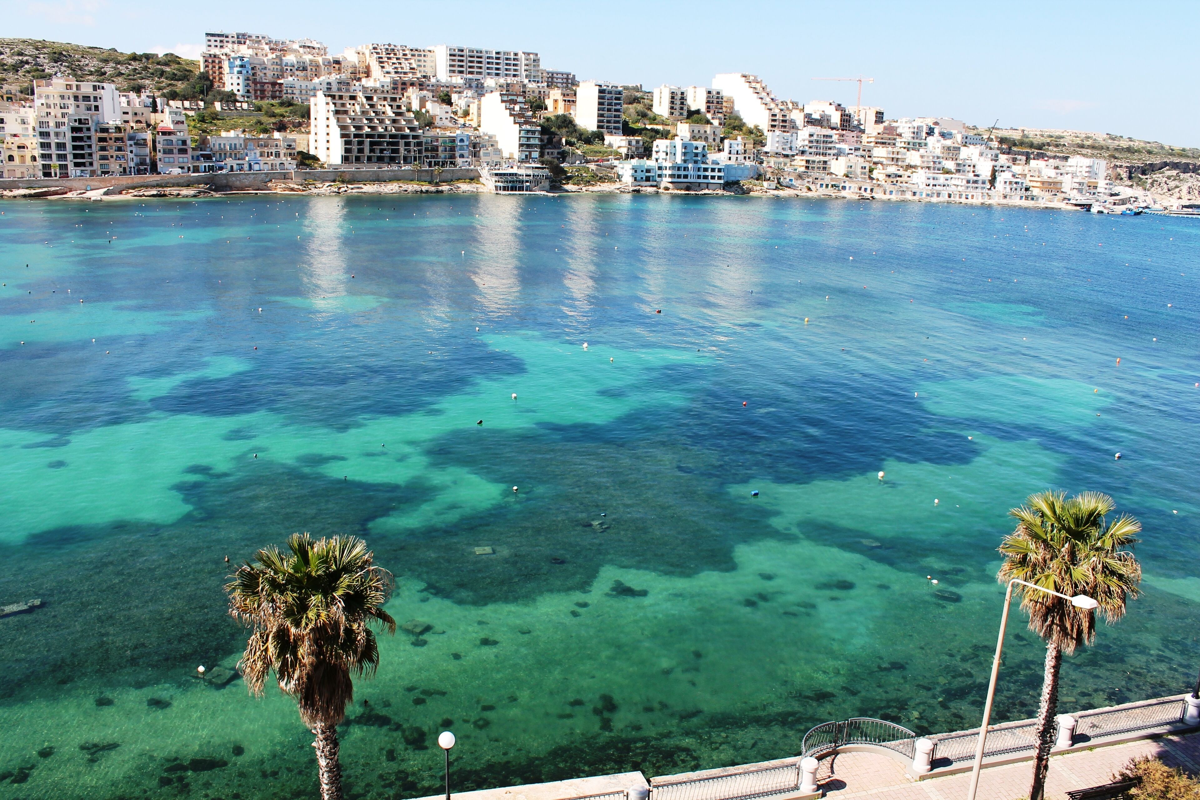 A coastal cityscape with clear blue waters, buildings, and palm trees.