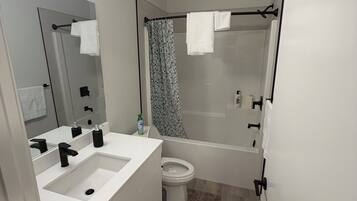 Shower, towels, soap, toilet paper