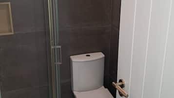 Shower, hair dryer, towels, toilet paper