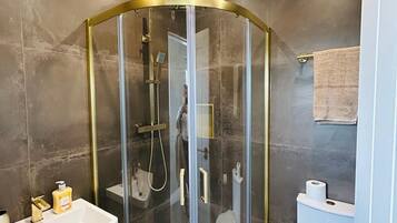 Shower, hair dryer, towels, toilet paper