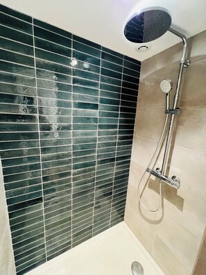 Regadera, toallas, jabón, papel de baño 