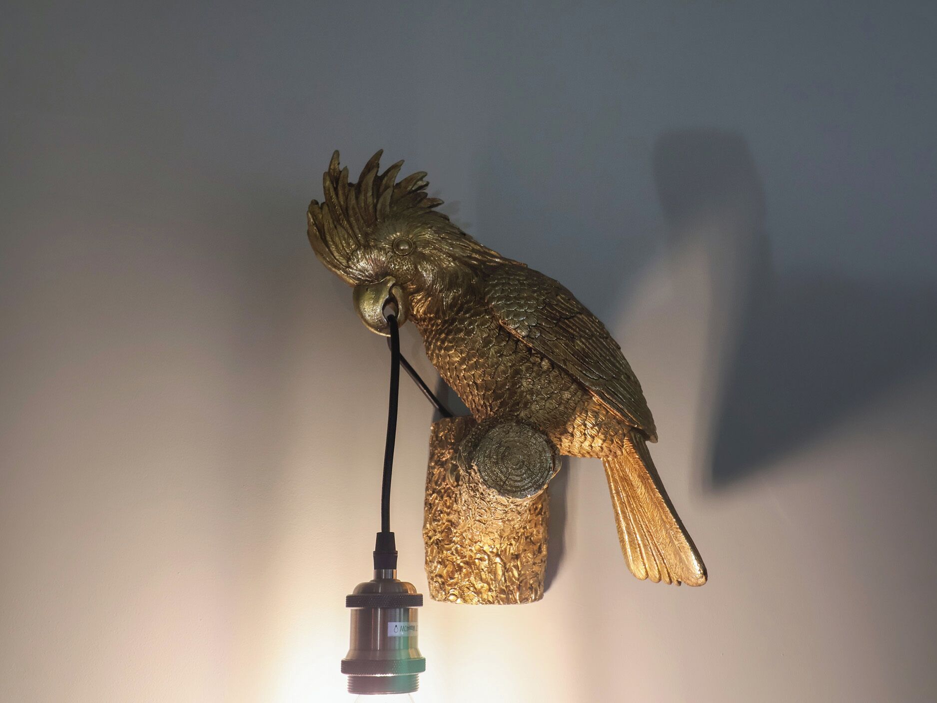 A wall-mounted bird sculpture with a light fixture attached to its tail.