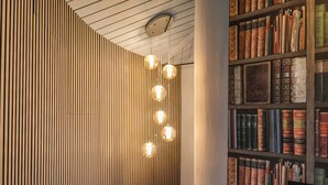 A modern interior with a slatted wall and a bookshelf filled with books. - The Barley Silo (Ipswich)