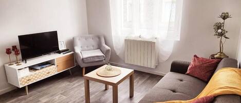 A living room with a sofa, a television, a chair, a small table, and a radiator.