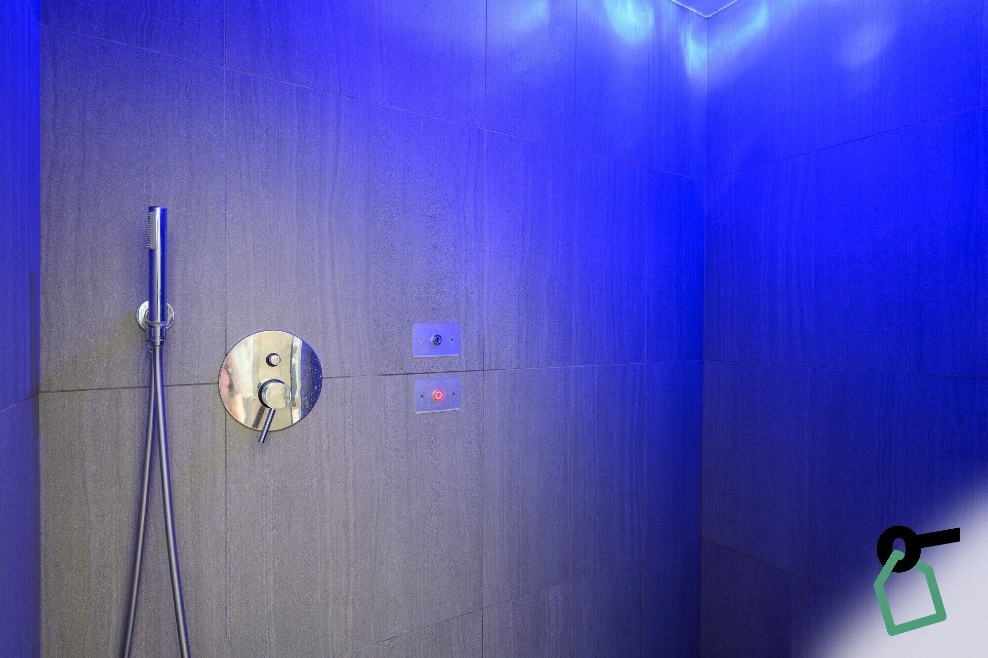 Un espace douche équipé d’un pommeau de douche à main, d’un panneau de commande avec des boutons et d’un porte-serviettes.