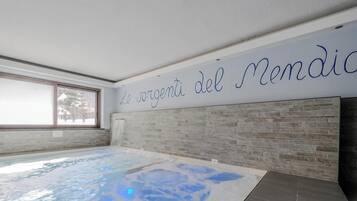 Una piscina interior moderna con vistas despejadas al exterior a través de un amplio ventanal.