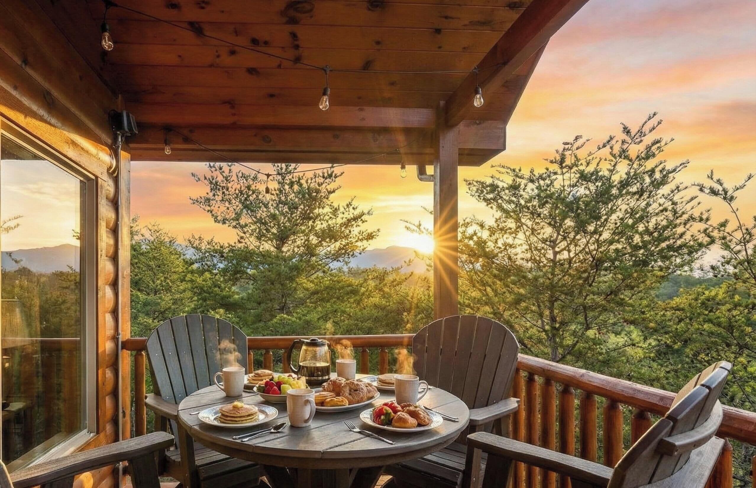 Eine Holzdielen-Terrasse mit einem für das Frühstück gedeckten Tisch, mit Blick auf eine malerische Landschaft aus Bäumen und Bergen.