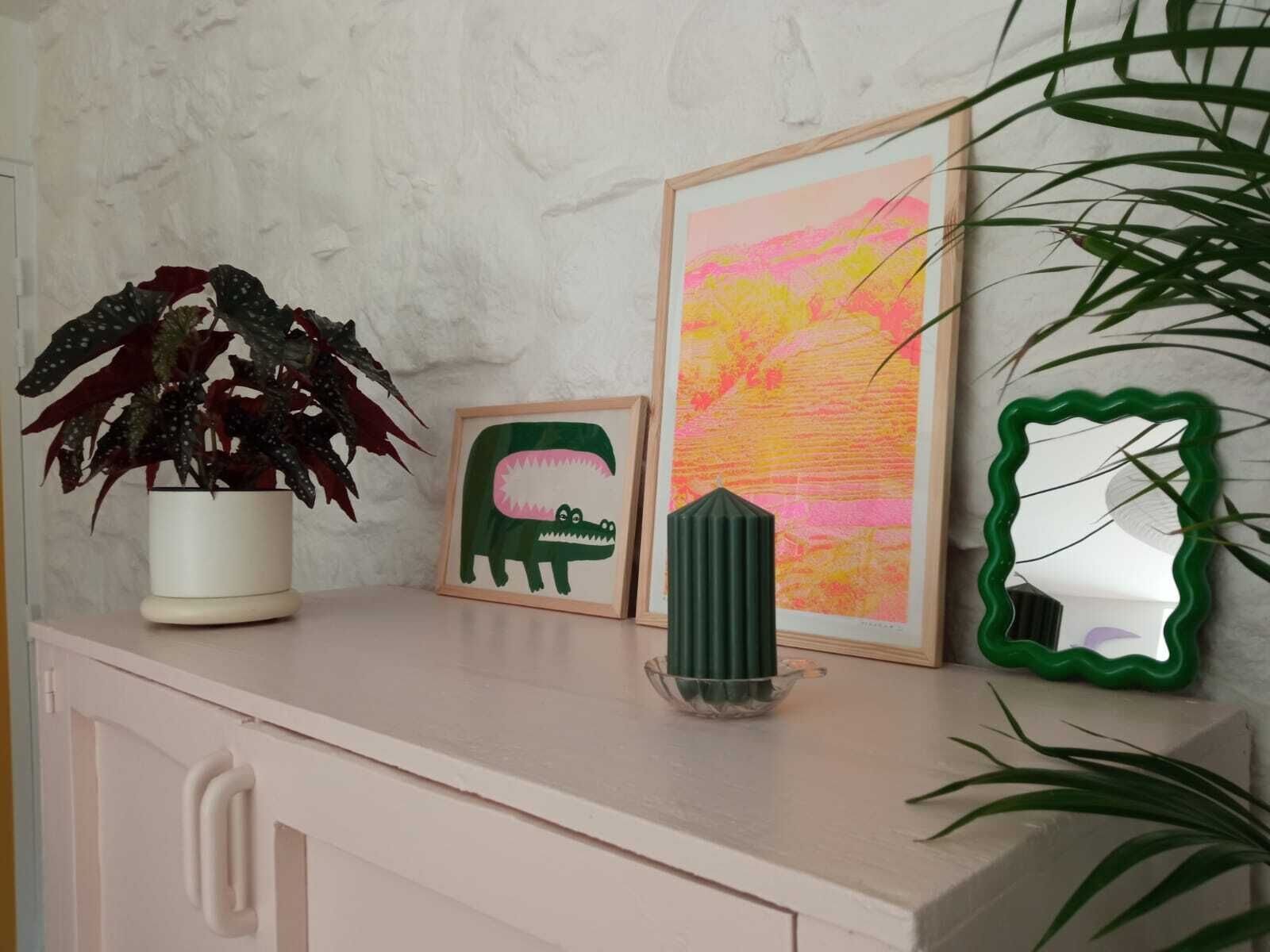 A white cabinet with a framed picture of a crocodile, a framed abstract painting, and a green mirror on top.