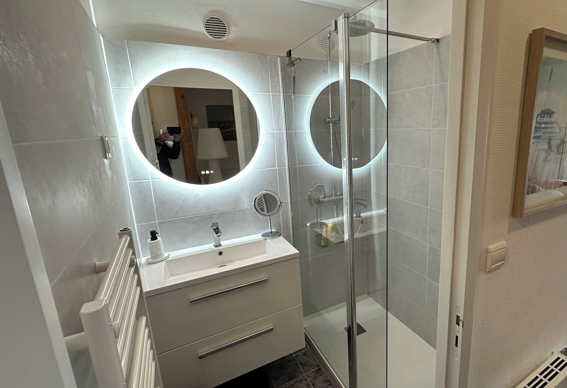 Hair dryer, towels, soap, toilet paper