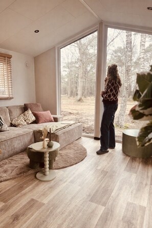 Interior - Luxury Wellness cabin Japandi style,forest view,hottub, hammock and lounge sofas (Haarle)