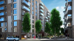 A modern multi-story residential building with balconies, a central courtyard with trees, and storefronts on the ground floor. - Wembley Stadium | Luxury London Apartment | Balcony Views, Netflix, Pool Table! (Wembley)