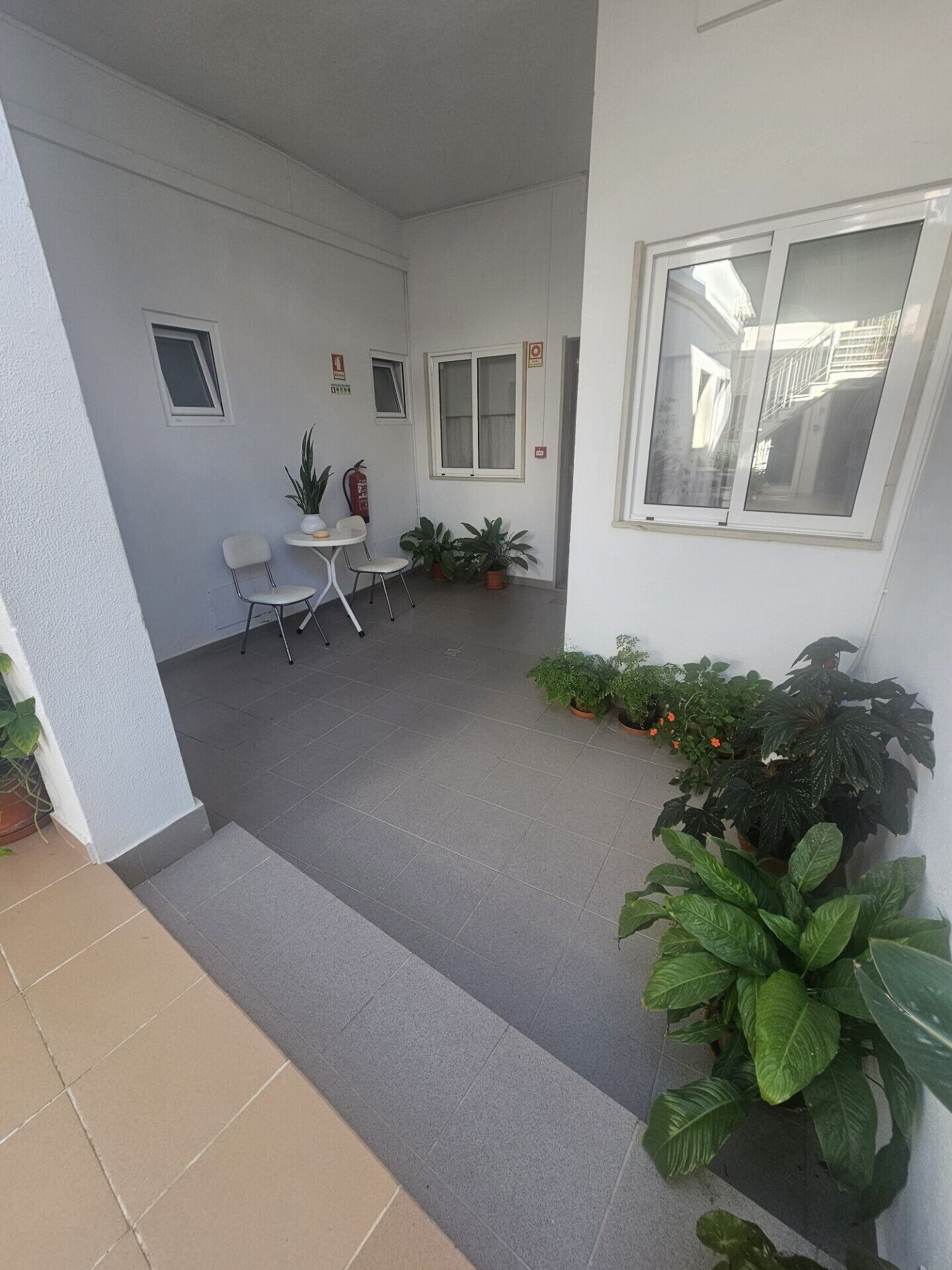A small outdoor area with a table and chairs, potted plants, and a fire extinguisher.
