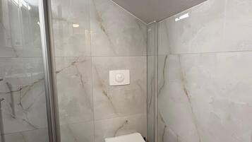 Shower, towels, toilet paper