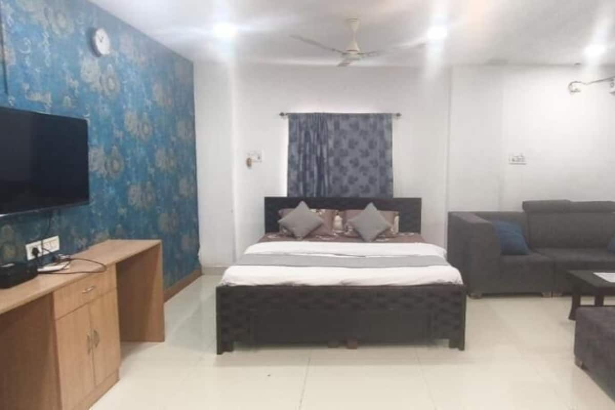 A bedroom with a bed, a TV, a desk, a sofa, and a ceiling fan.