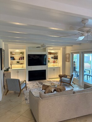Smart TV, fireplace, books