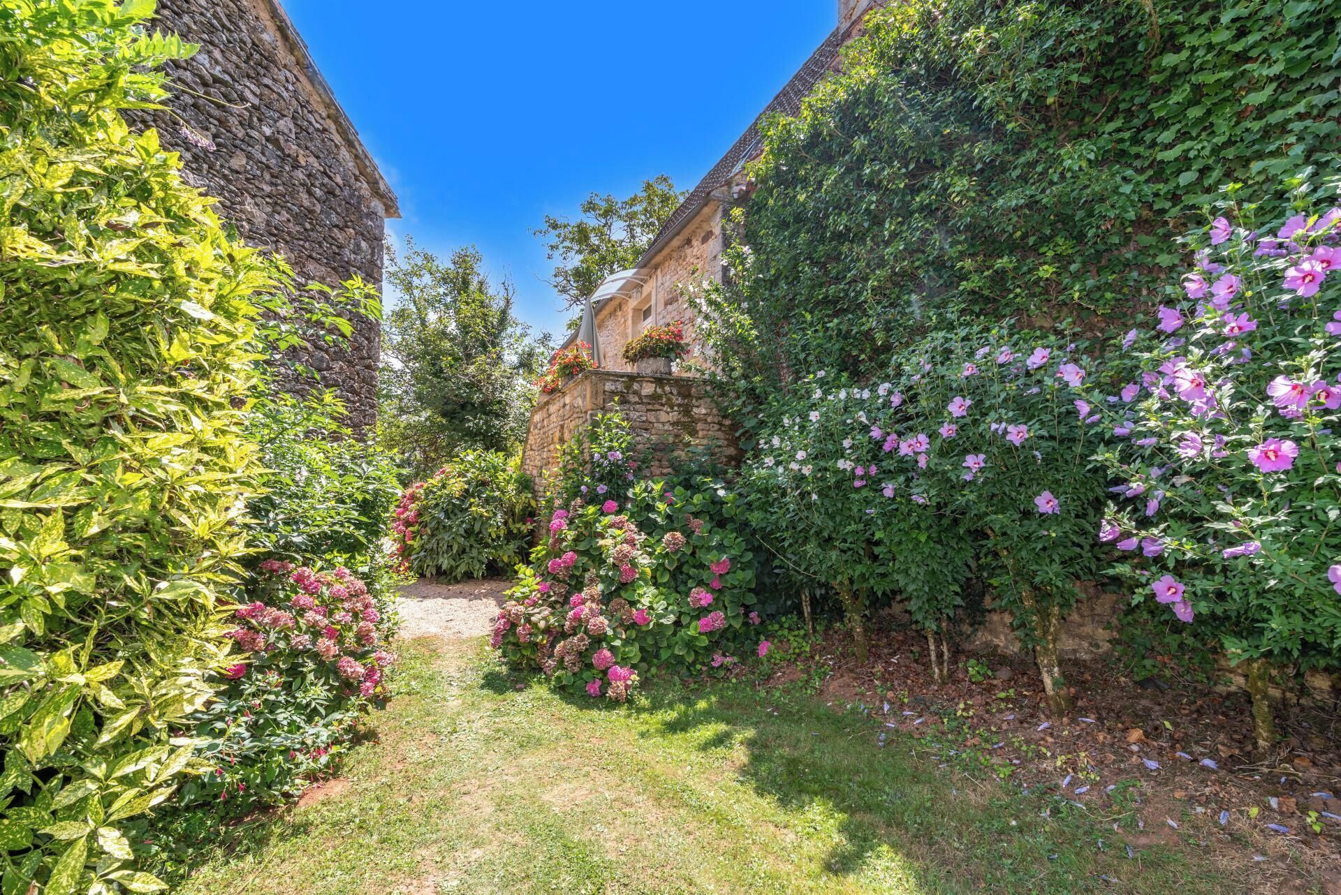 A garden with a stone wall, flowering plants, and a clear blue sky.