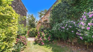 Ein Garten mit einer Steinmauer, blühenden Pflanzen und einem strahlend blauen Himmel.