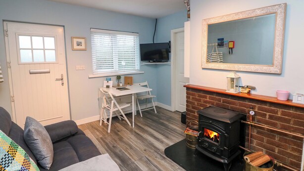 Una sala de estar con chimenea, televisor, mesa de comedor y sofá.