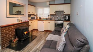 Un espacio habitable compacto con cocina, chimenea y sofá.
