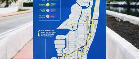 A trolley service map with a legend, route details, and hours of operation.