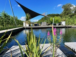 Un área de piscina exterior tranquila con una vela de sombra, plantas en macetas y una zona de estar.