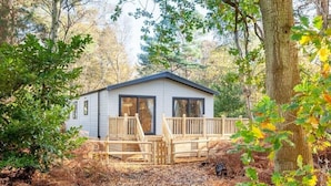 A small cabin with a wooden deck, surrounded by trees and a leaf-covered ground. - Azenor Lodge - Kelling Heath Holiday Park - 16221 (Holt)