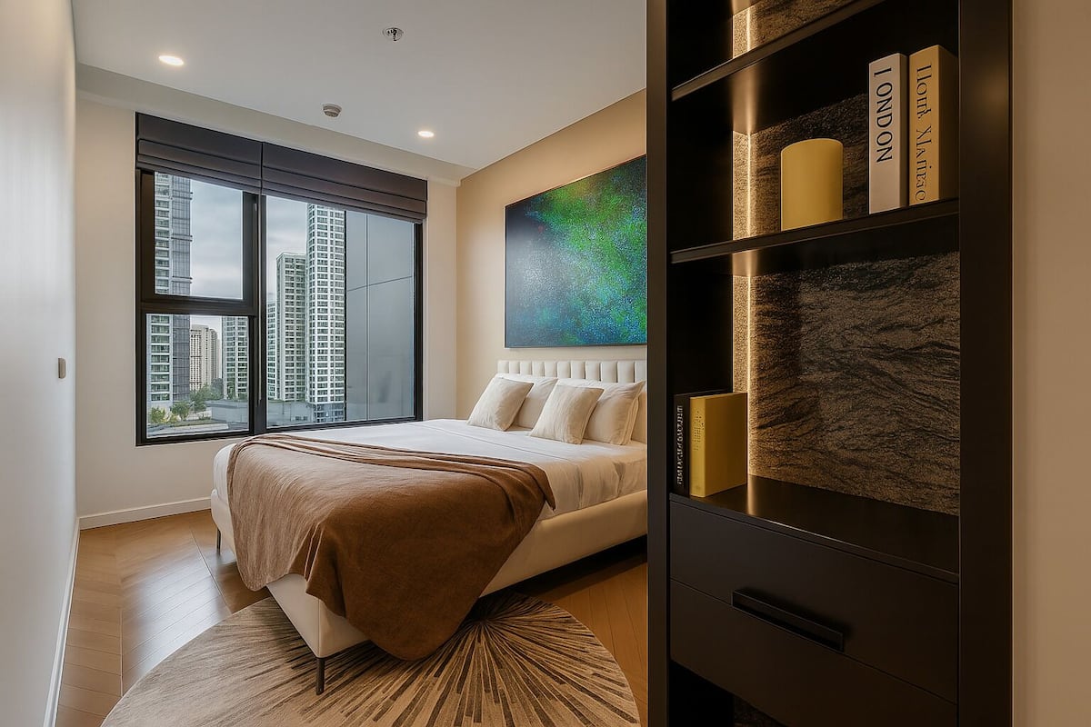 A modern bedroom with a large bed, a city view, a bookshelf, and a painting.