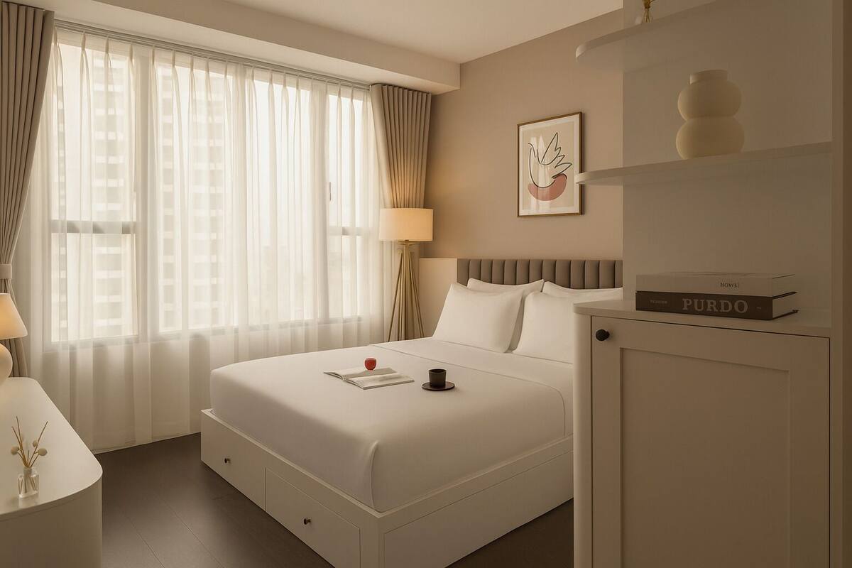 A hotel room with a bed, a bedside table, a lamp, a window with curtains, a wall-mounted artwork, and a shelf with a book.